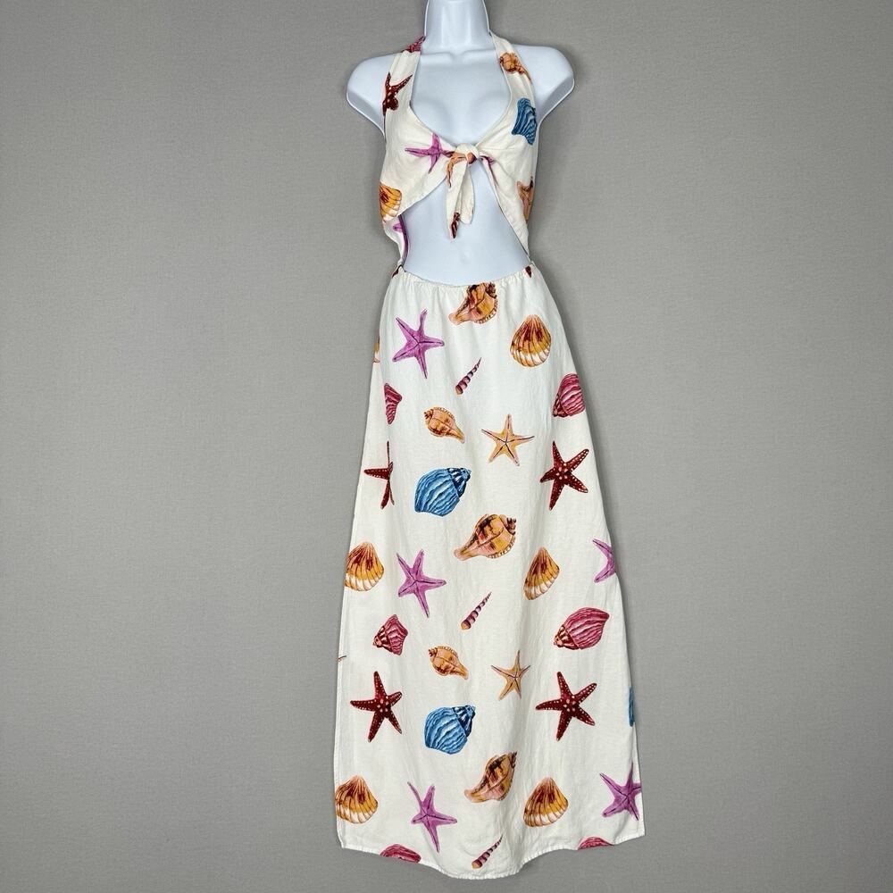 Anthropologie Womens Dress L White Linen Shell Print Halter Cutout Cover-Up Maxi